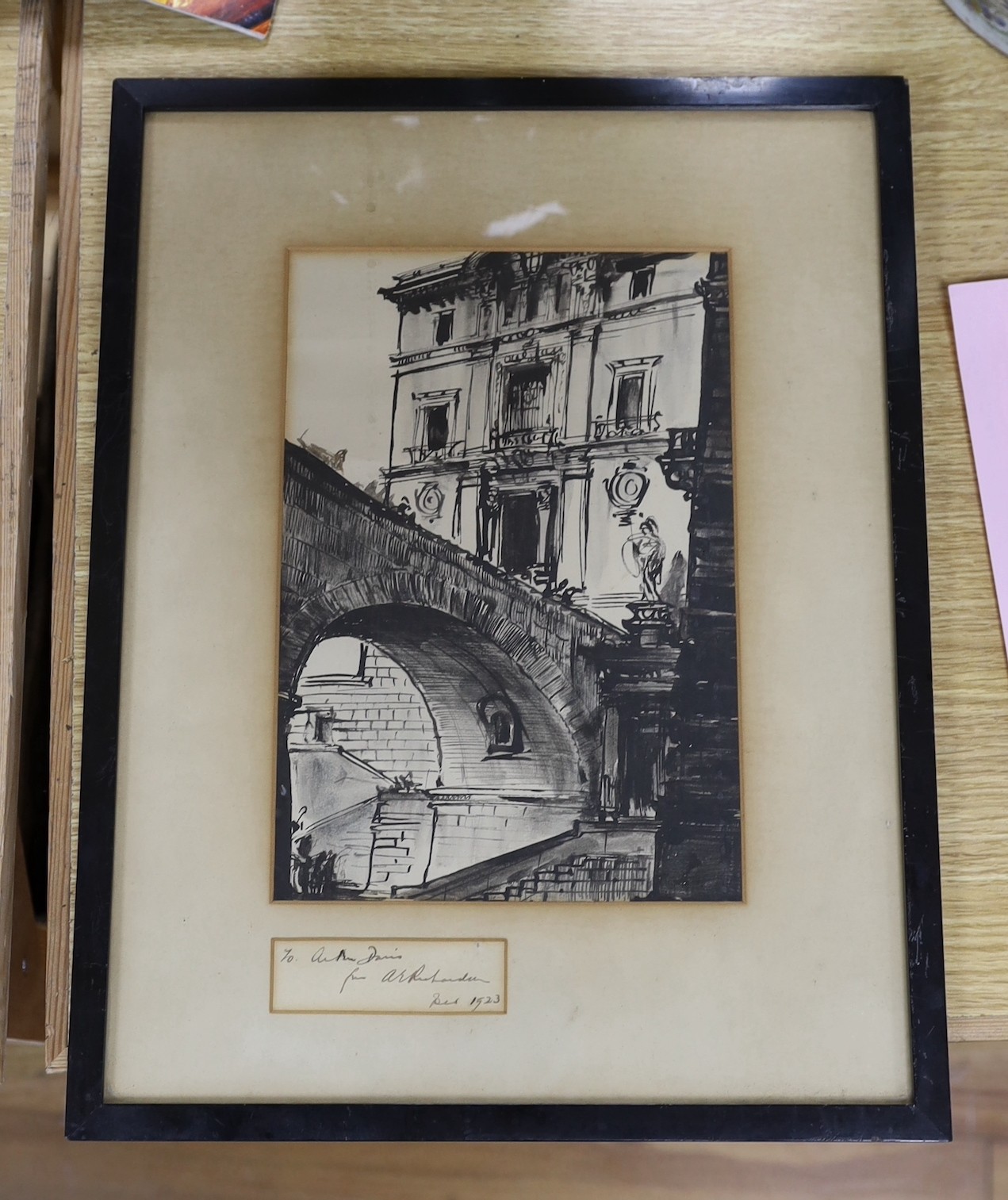 Albert E Richardson (1880-1964), ink on paper sketch, Venetian scene, with presentation script to mount, 24 x 16cm